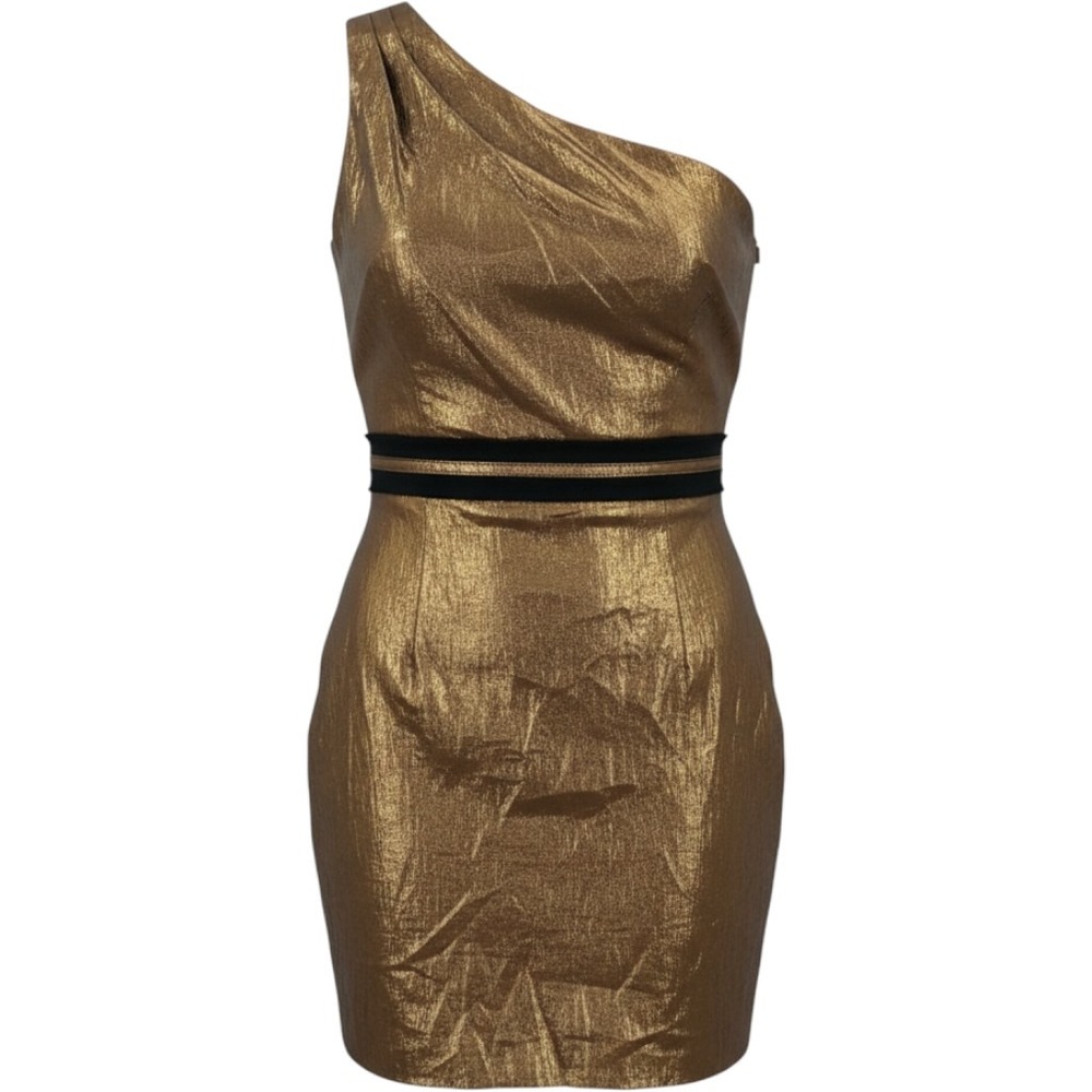 BCBGeneration Gold Metallic One Shoulder Cocktail Mini Dress Size 10